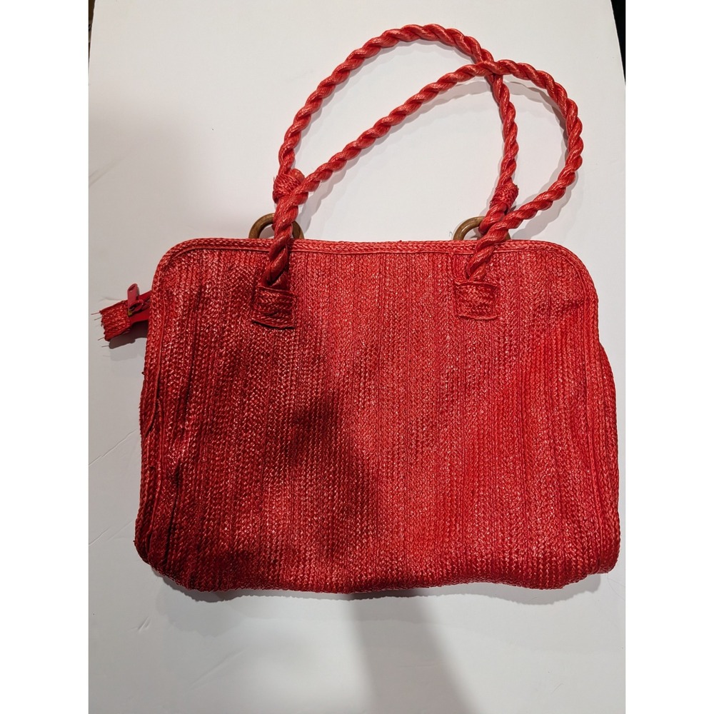 Bob & Alice Red Woven Straw Tote Bag Braided Handles Wooden Rings - Boho Summer - Picture 4 of 5